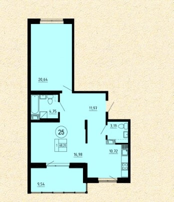 Однокомнатная квартира 68 м²