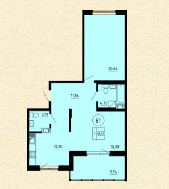 Однокомнатная квартира 68 м²