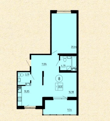 Однокомнатная квартира 68 м²