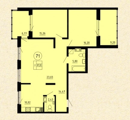 Двухкомнатная квартира 87 м²