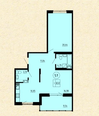 Однокомнатная квартира 68 м²