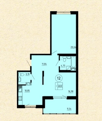 Однокомнатная квартира 68 м²
